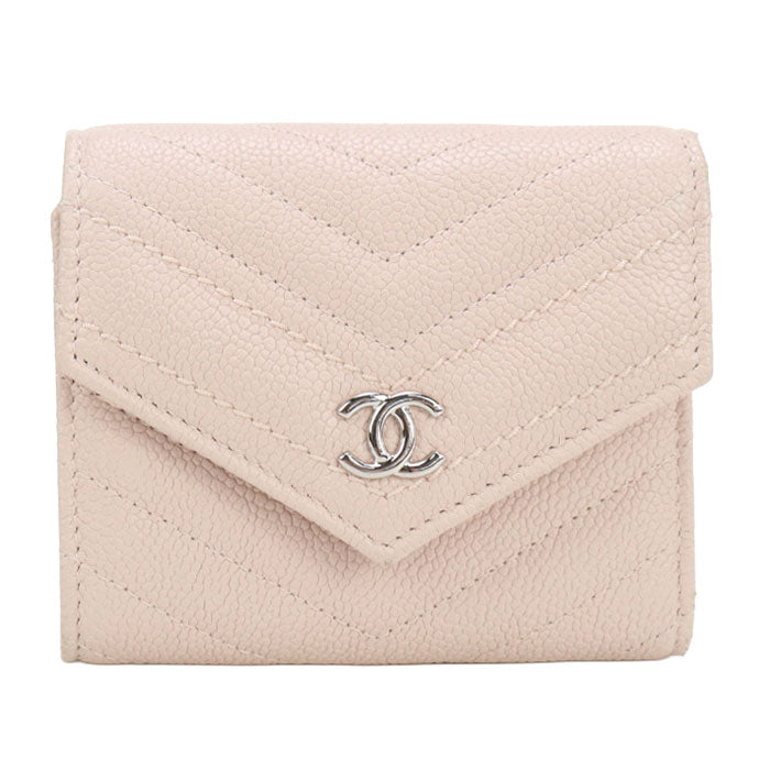 CHANEL Chevron Tri-fold Compact Wallet With Coin Case - Baby Pink