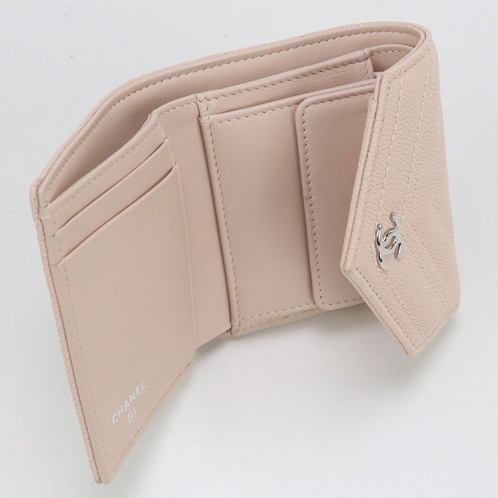 CHANEL Chevron Tri-fold Compact Wallet With Coin Case - Baby Pink