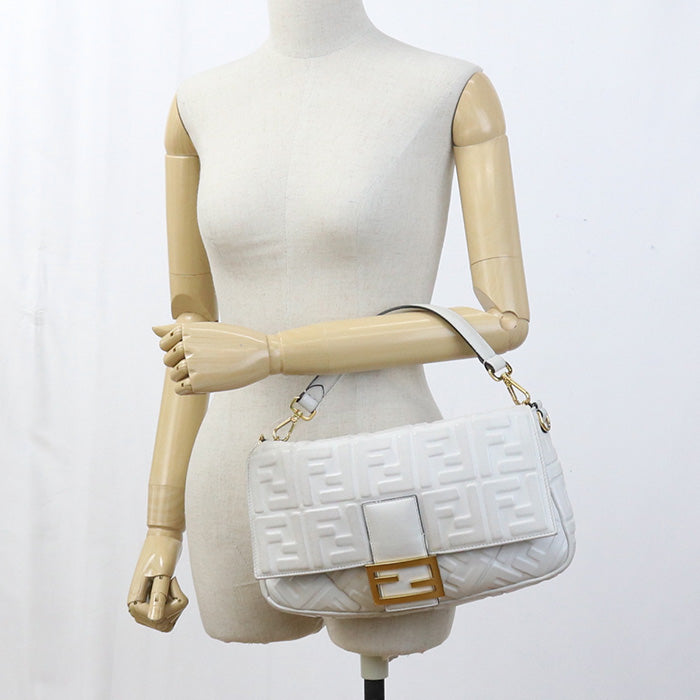 FENDI Baguette Large Leather Hand Bag Shoulder Bag - White