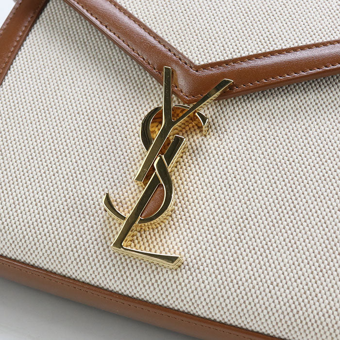 SAINT LAURENT Cassandra Canvas Leather Hand Bag - Brown × Beige