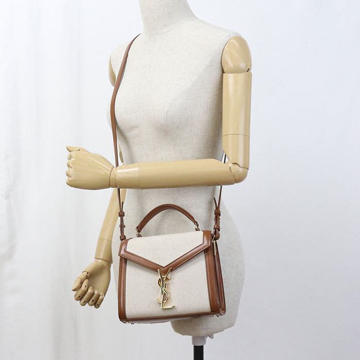 SAINT LAURENT Cassandra Canvas Leather Hand Bag - Brown × Beige