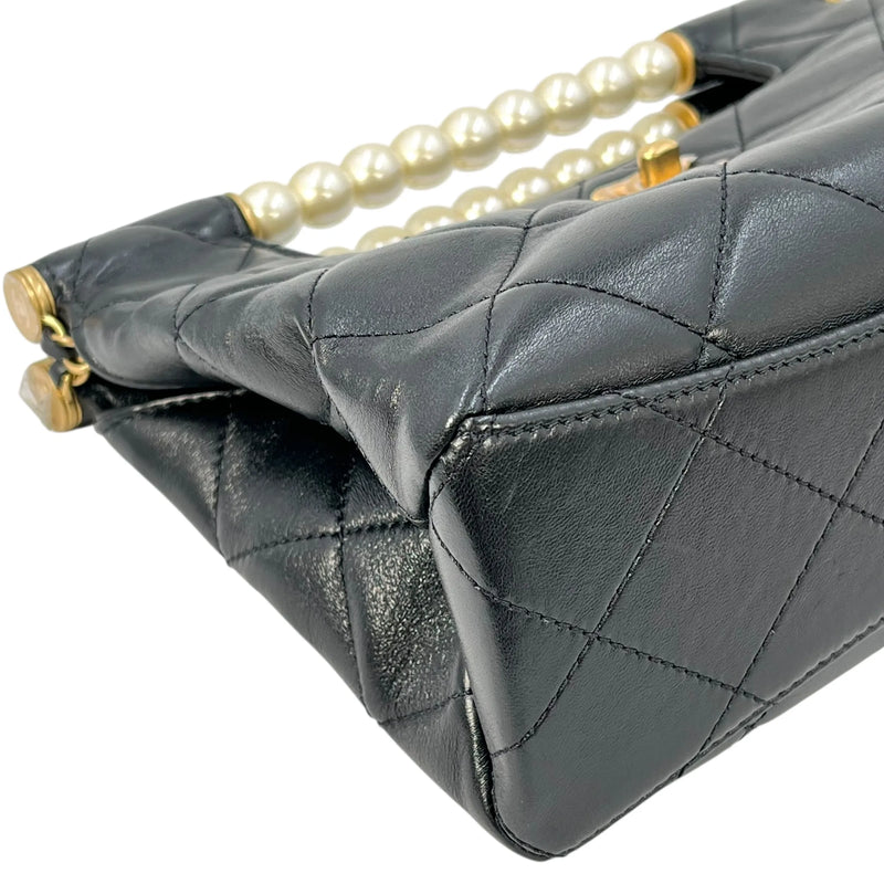 CHANEL Pearl Handle Leather Hand Bag - Black