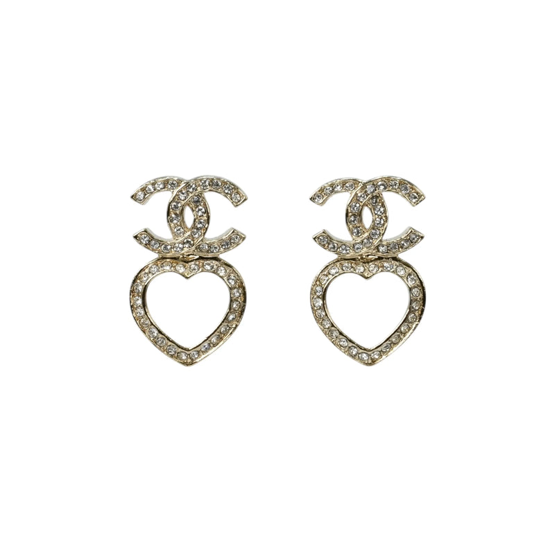 CHANEL Rhinestone CC Logo Heart Earring F23B - Gold Plated