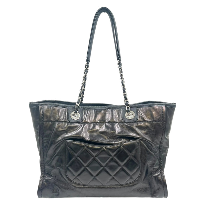 CHANEL Deauville MM Glazed Leather Tote Bag - Black