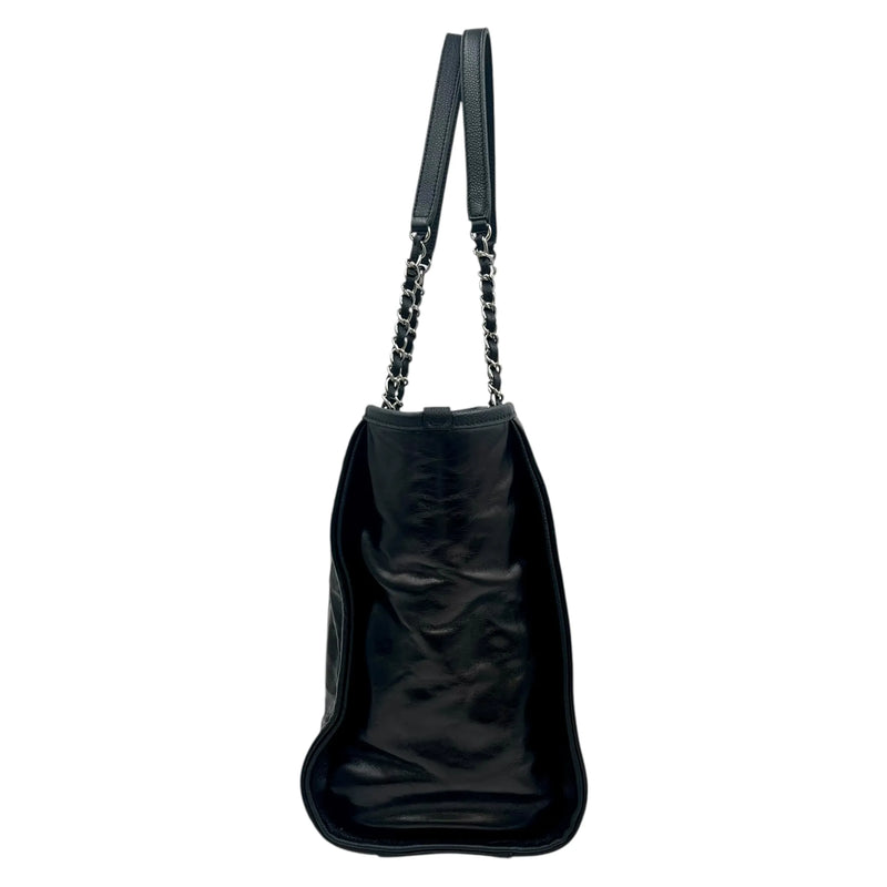 CHANEL Deauville MM Glazed Leather Tote Bag - Black