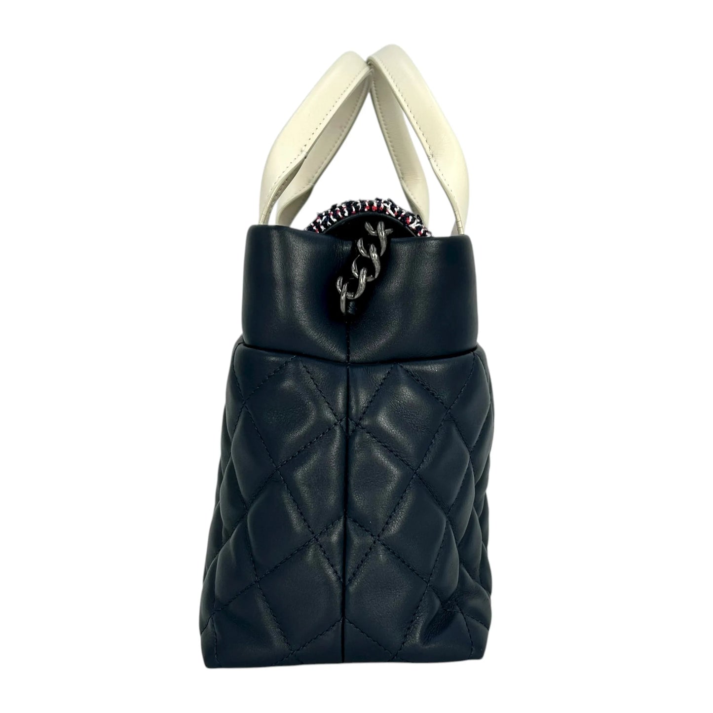 CHANEL Matelassé Tweed and Quilted Aged Calfskin Medium Handbag with Chain Shoulder Bag - Navy 