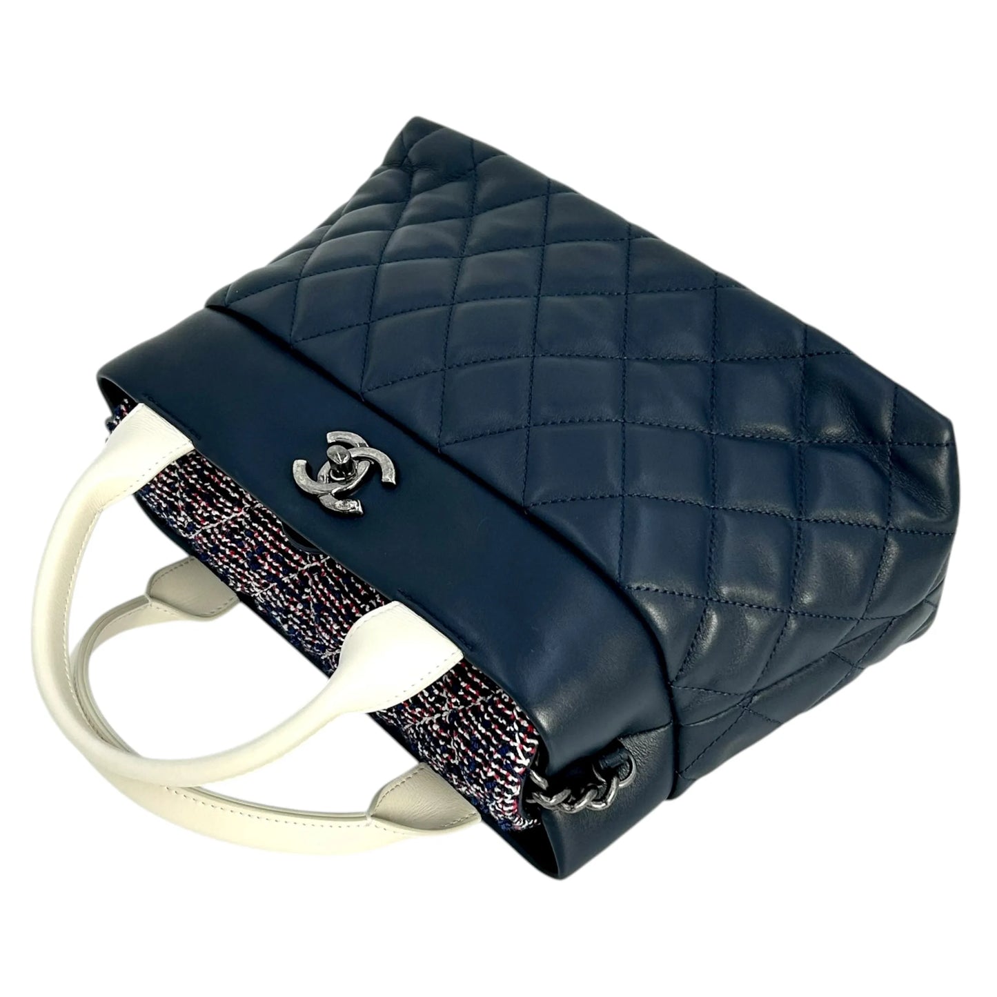 CHANEL Matelassé Tweed and Quilted Aged Calfskin Medium Handbag with Chain Shoulder Bag - Navy 