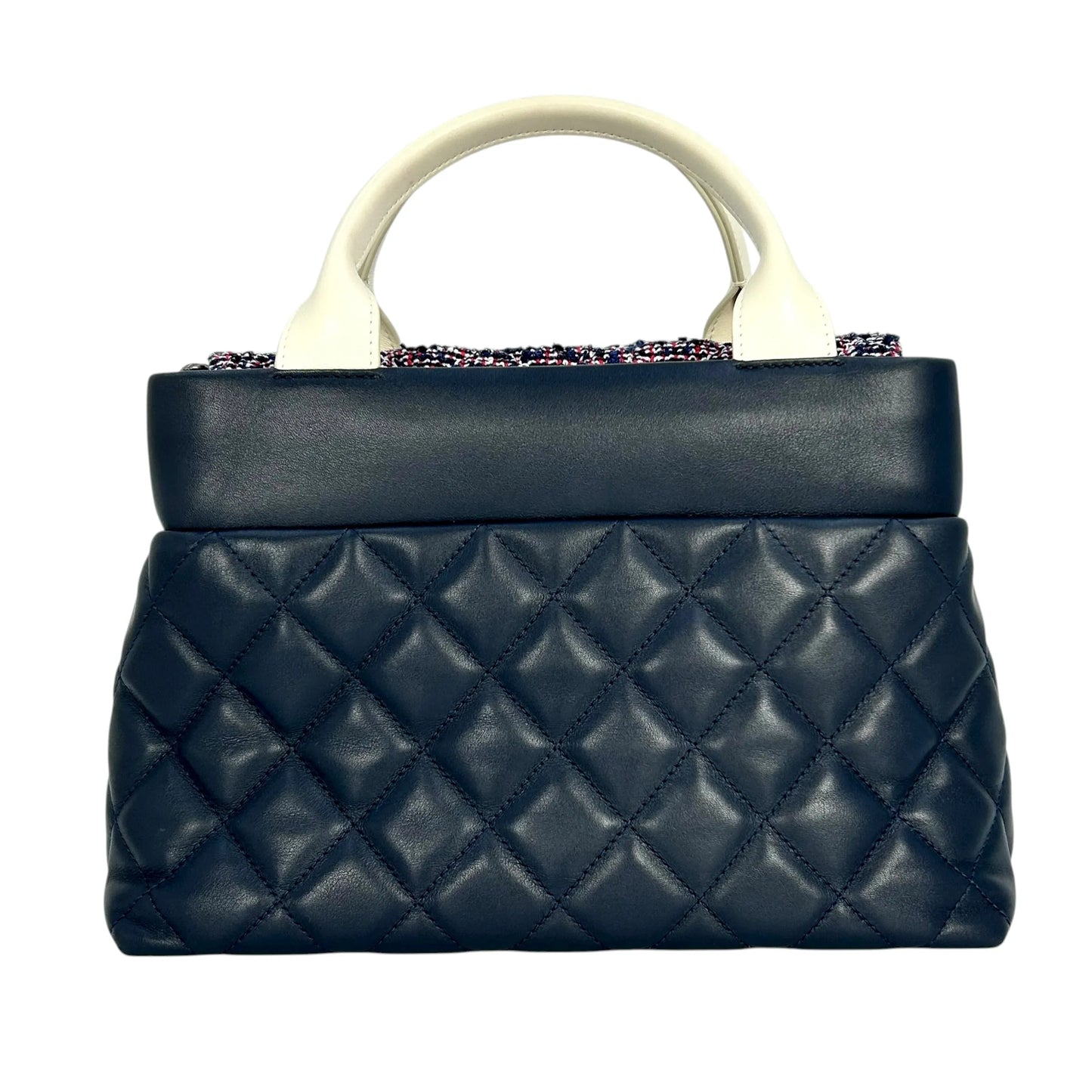 CHANEL Matelassé Tweed and Quilted Aged Calfskin Medium Handbag with Chain Shoulder Bag - Navy 