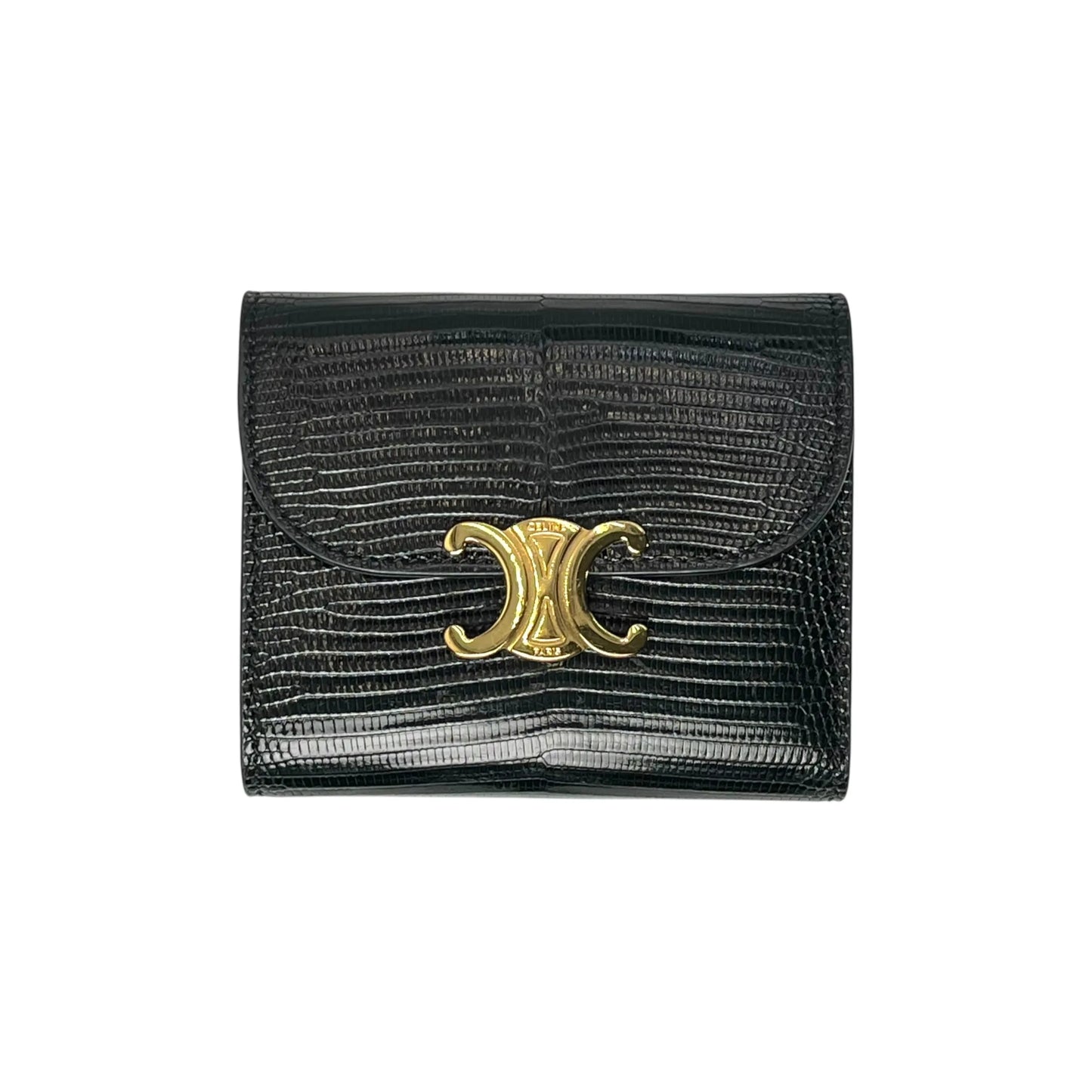 CELINE Lizard Small Flap Triomphe Compact Wallet - Black 
