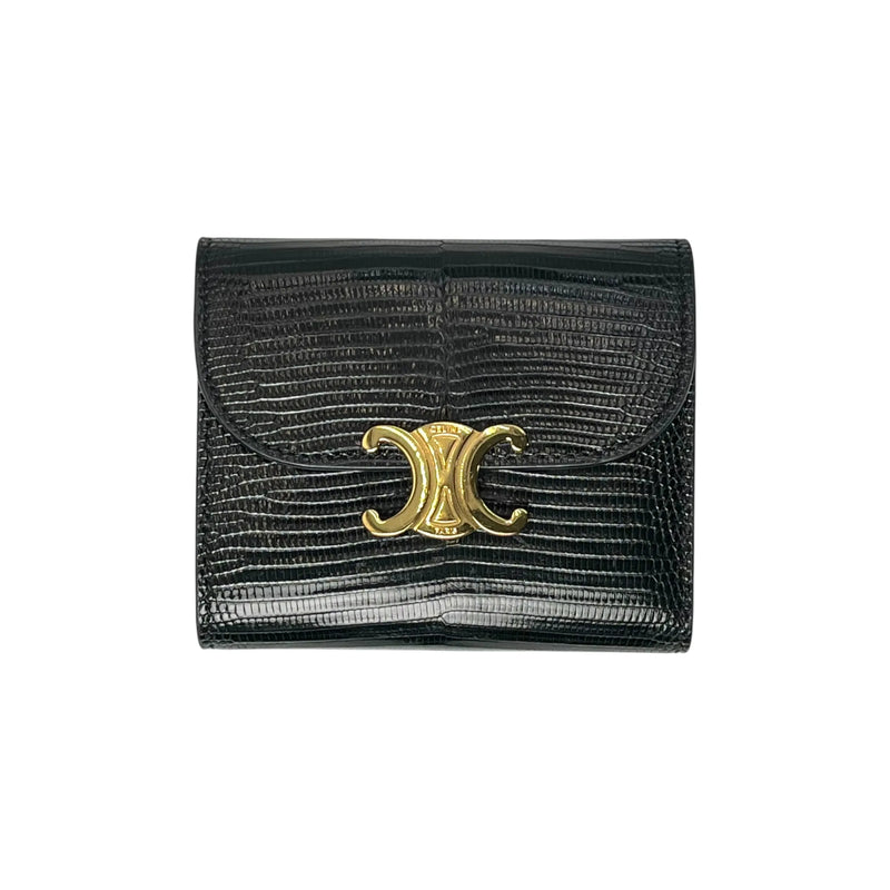 CELINE Lizard Small Flap Triomphe Compact Wallet - Black 
