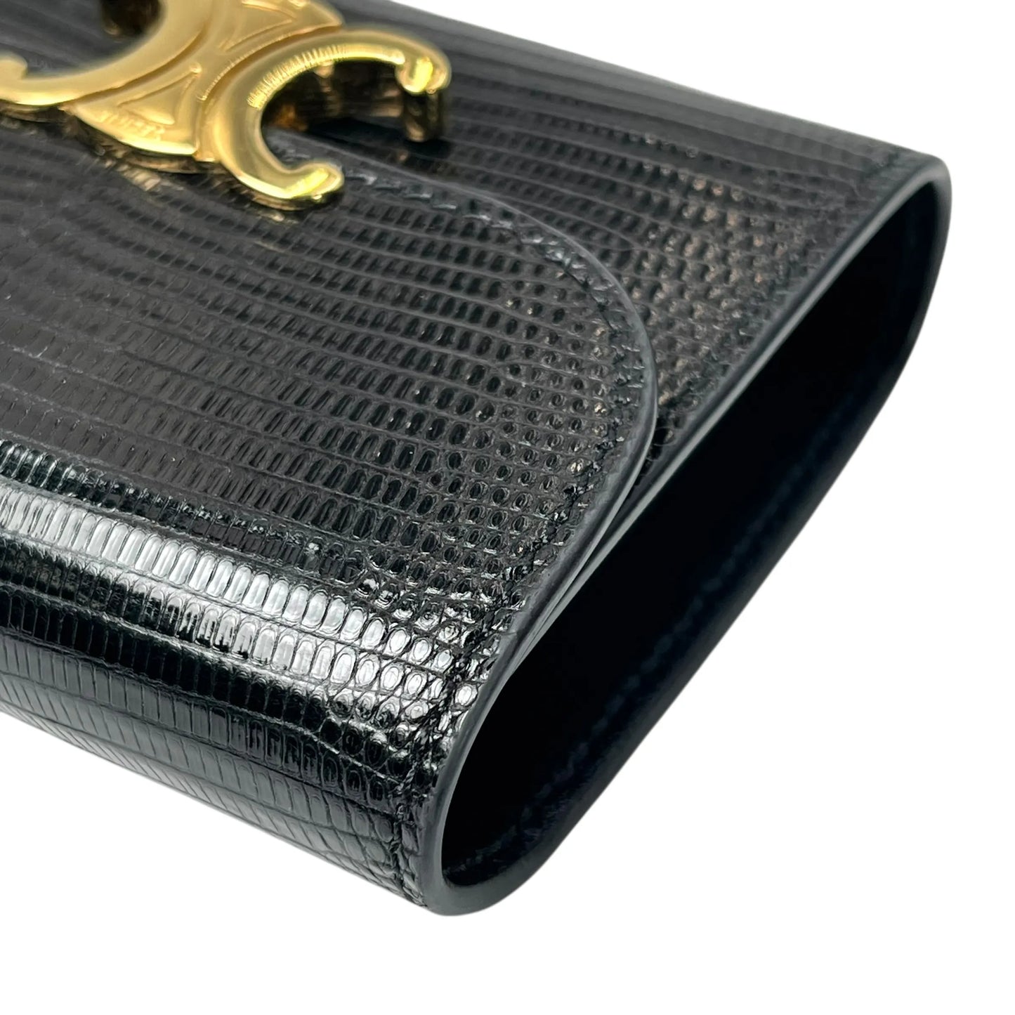 CELINE Lizard Small Flap Triomphe Compact Wallet - Black 