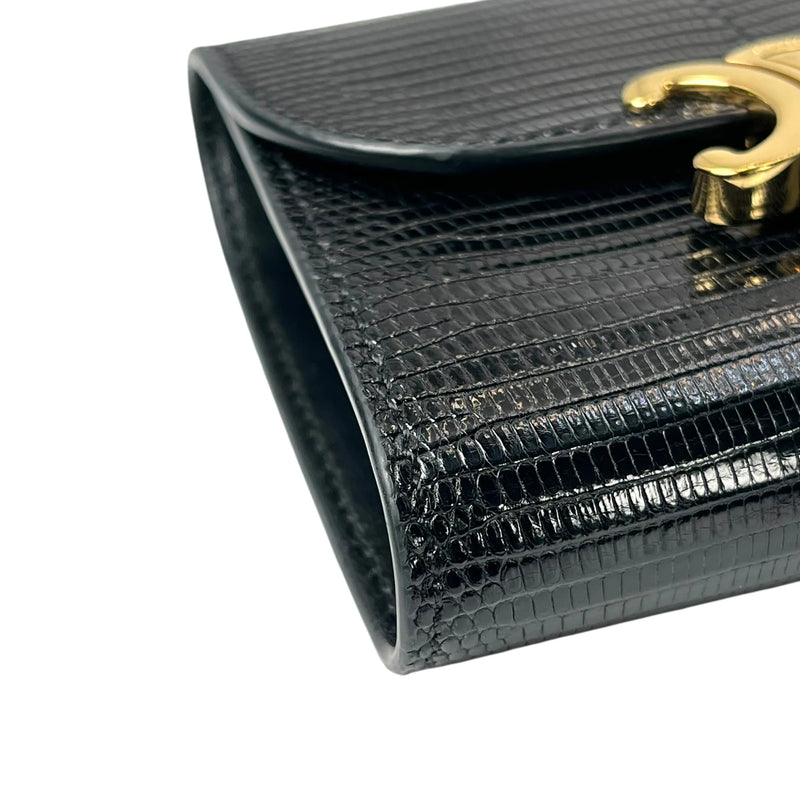 CELINE Lizard Small Flap Triomphe Compact Wallet - Black 