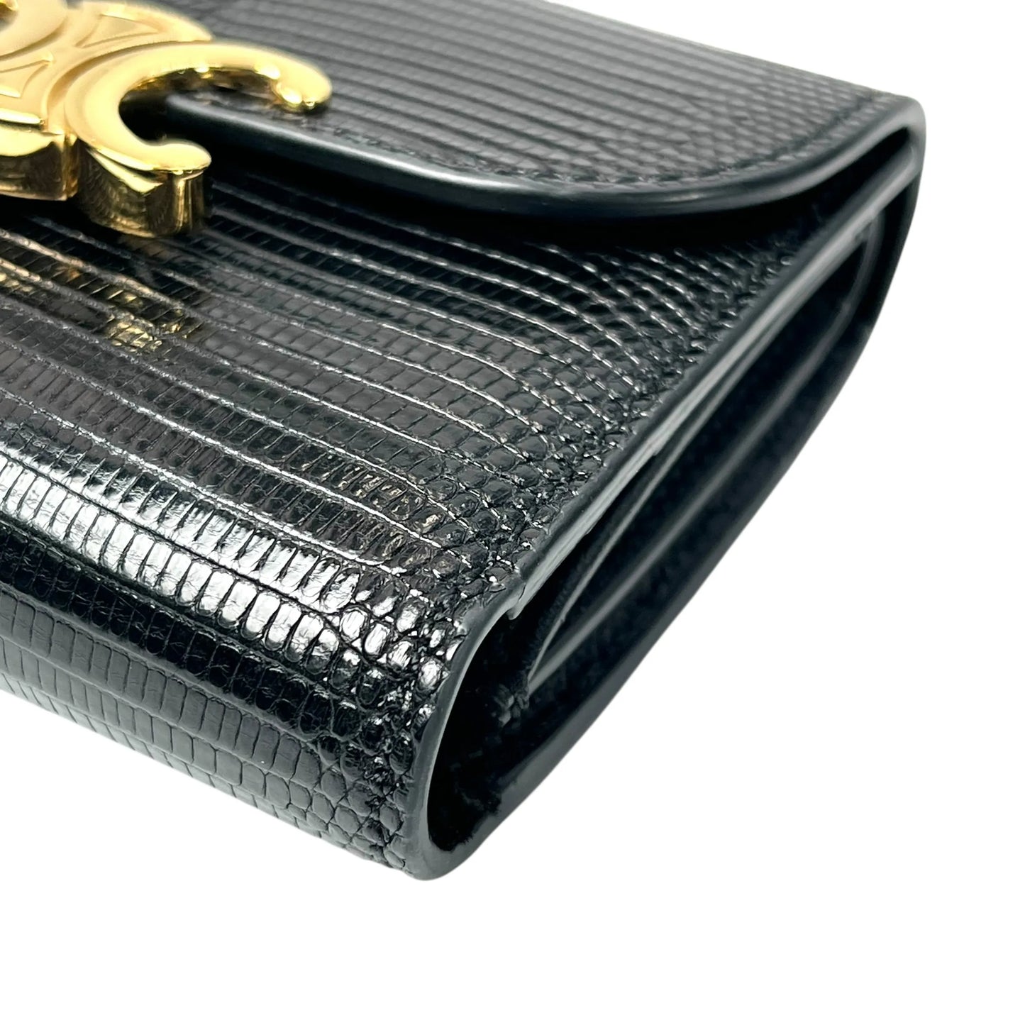CELINE Lizard Small Flap Triomphe Compact Wallet - Black 