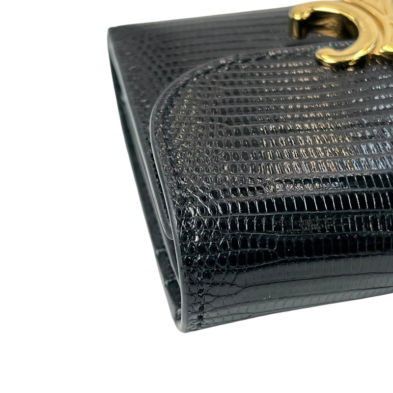 CELINE Lizard Small Flap Triomphe Compact Wallet - Black 