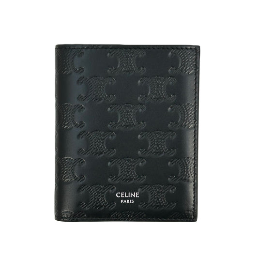 CELINE Triomphe Embossed Calfskin Compact Wallet - Black 