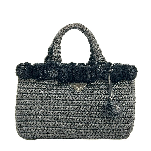 PRADA Raffia Pom-Pom Handbag/Shoulder Bag - Black 