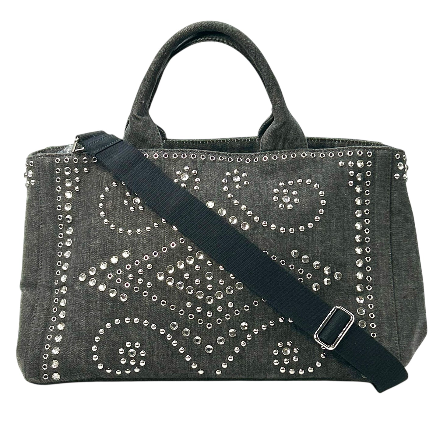 PRADA Canapa Rhinestone Hand Bag - Charcoal Gray