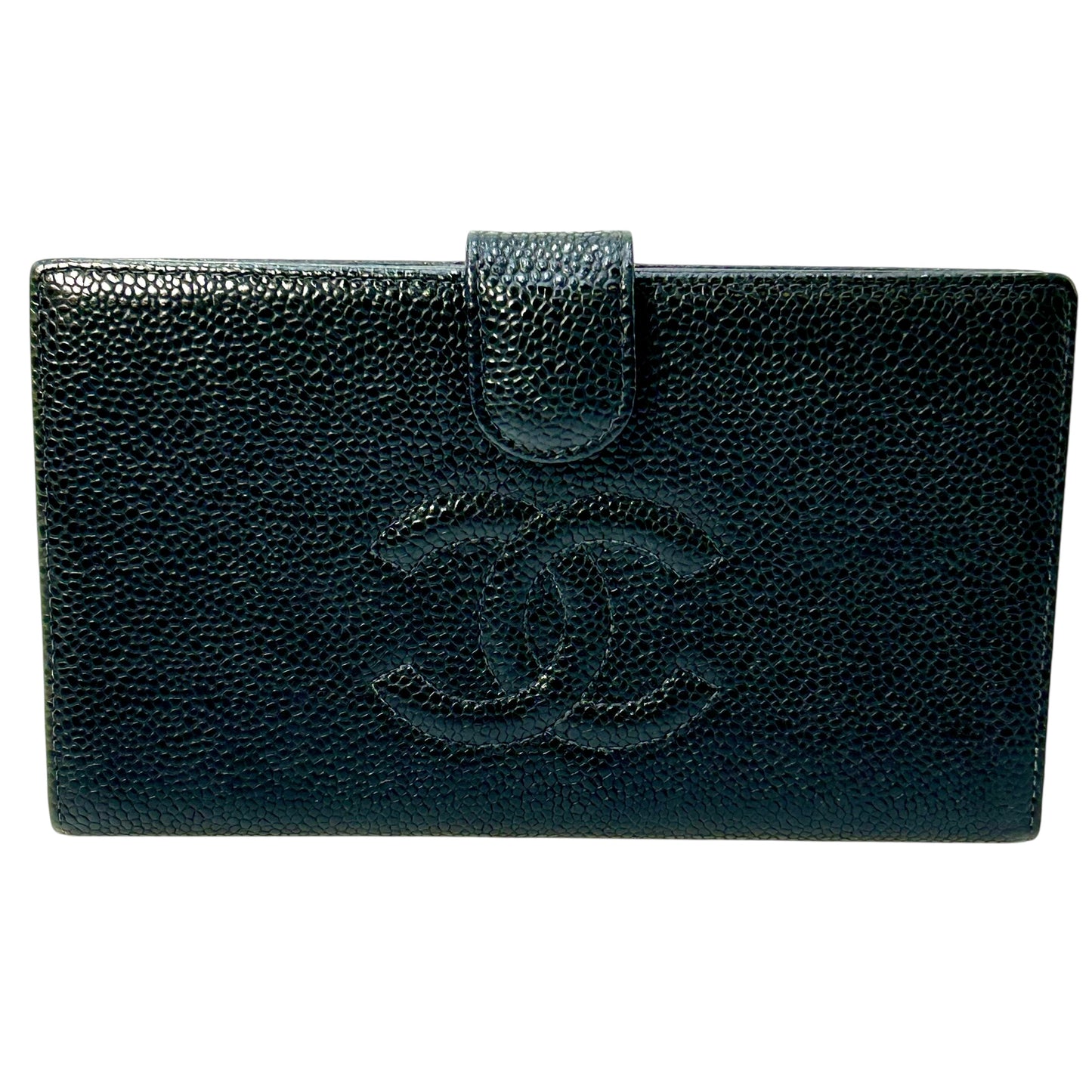 CHANEL Caviar Skin Coco Mark Kiss Lock  Long Wallet - Black