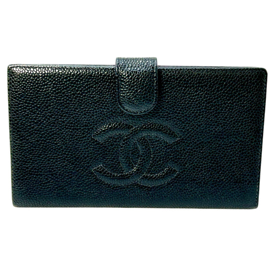 CHANEL Caviar Skin Coco Mark Kiss Lock  Long Wallet - Black