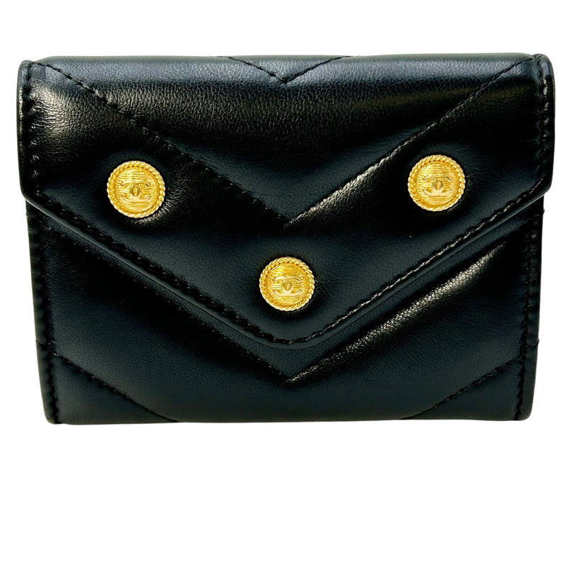 CHANEL V-Stich Lambskin Card Case Compact Wallet - Black