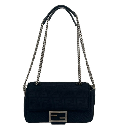 FENDI Mesh Technical Knit Baguette Chain Shoulder Bag - Black