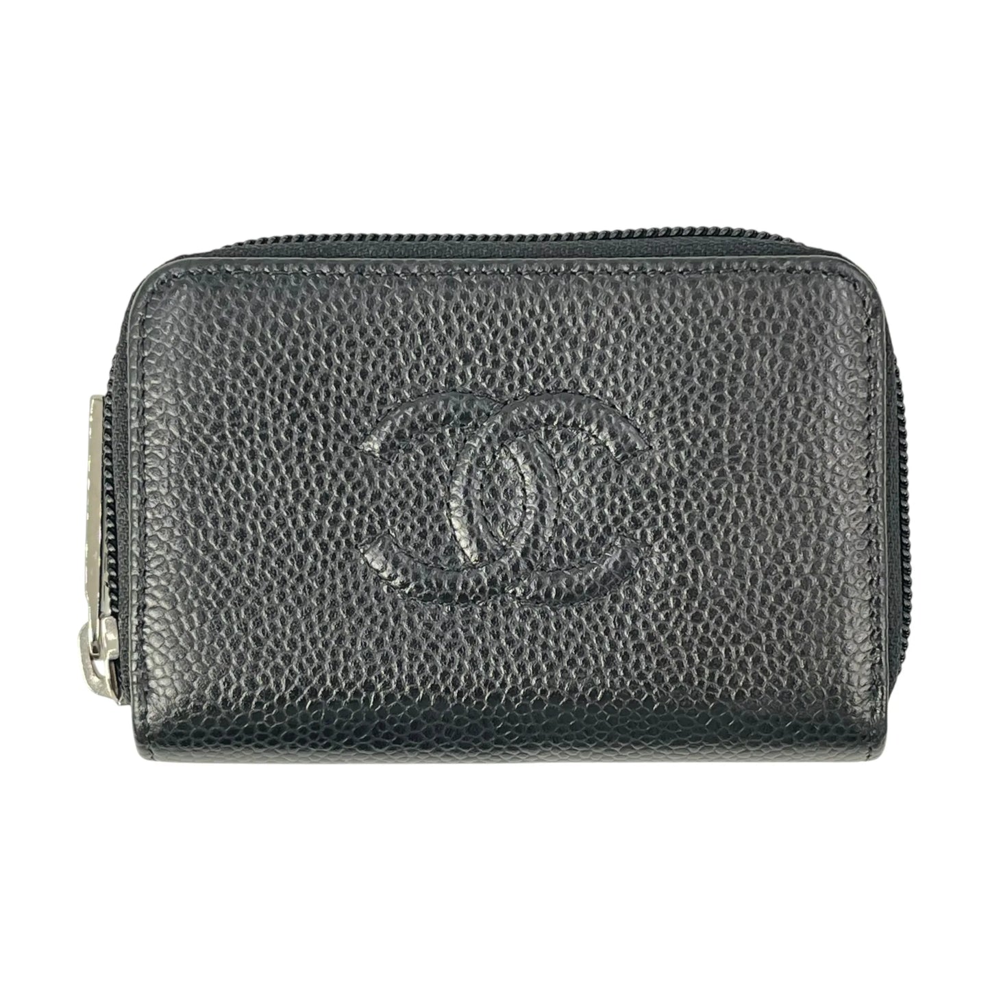 CHANEL CC Logo Caviarskin Zippy Card Case - Black