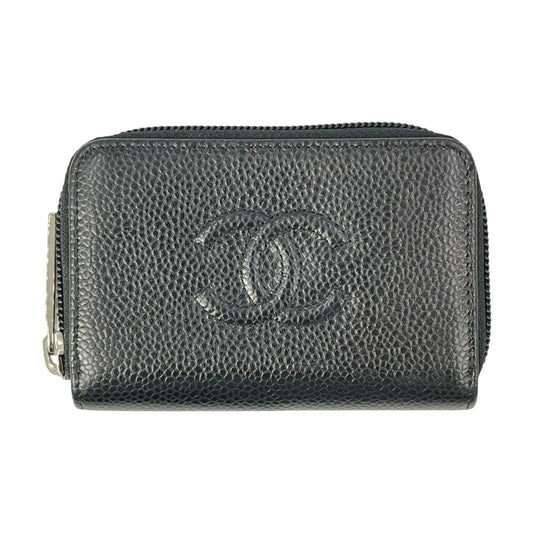 CHANEL CC Logo Caviarskin Zippy Card Case - Black