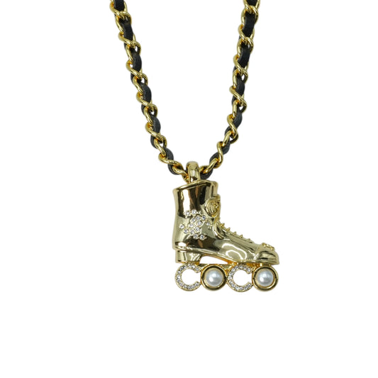 CHANEL Pearl Crystal Roller Skate Necklace - Gold Plated
