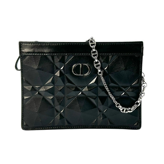 Dior Caro Diamond Calfskin Zipped Pouch With Chain Wallet Shoulder Bag - Black