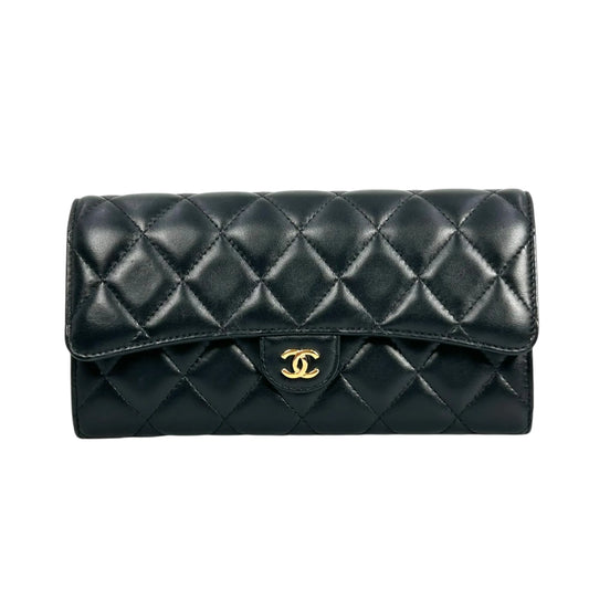 CHANEL CC Logo Lambskin Long Wallet - Black
