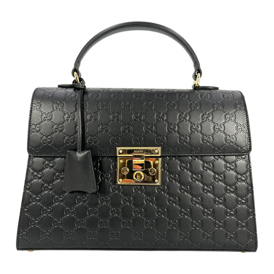 GUCCI Guccissima Padlock Top Handle Leather Hand Bag - Black