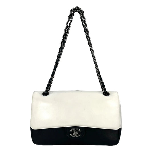 CHANEL Double Flap Bag Calf Chain Shoulder Bag - Black / White