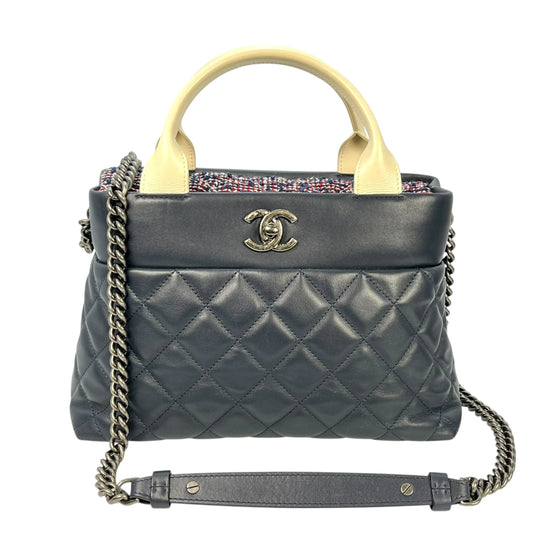 CHANEL Matelasse Tweed and Quilted Aged Calfskin Medium Hand Bag Chain Shoulder Bag - Navy