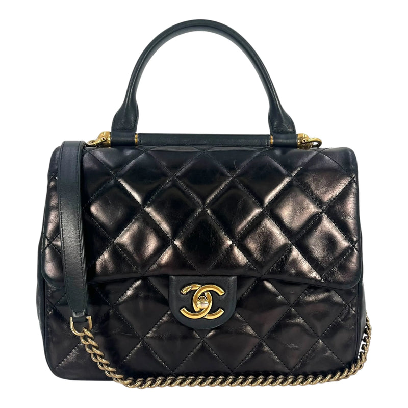 CHANEL Matelasse Top Handle Hand Bag Chain Shoulder Bag - Black