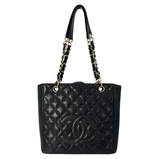 CHANEL Petite Shopping Tote Caviar Skin Tote Bag - Black 