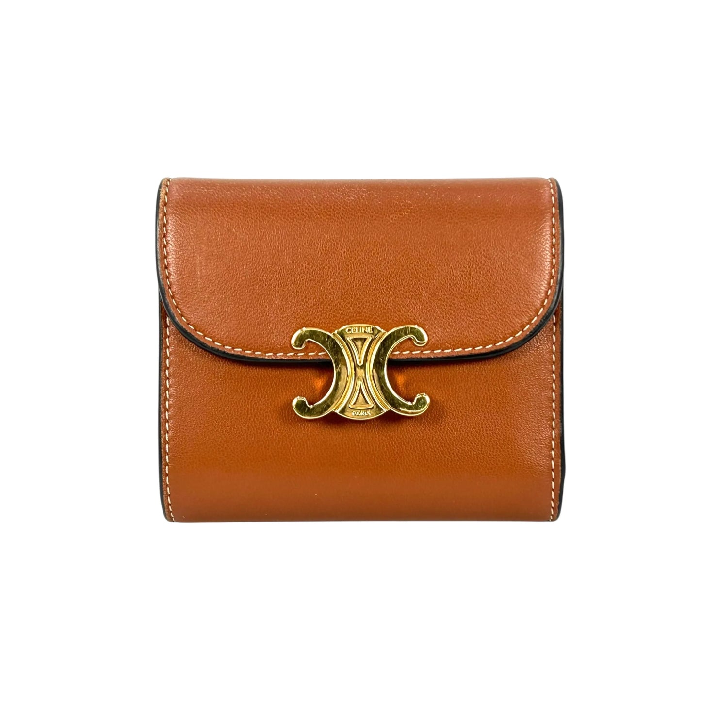 CELINE Triomphe Calfskin Small Compact Wallet - Brown 