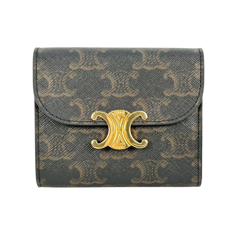 CELINE Triomphe Canvas Small Flap Compact Wallet - Dark Brown 