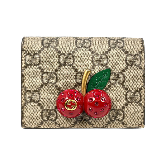 GUCCI GG Supreme Canvas Cherry Bifold Compact Wallet - Beige 