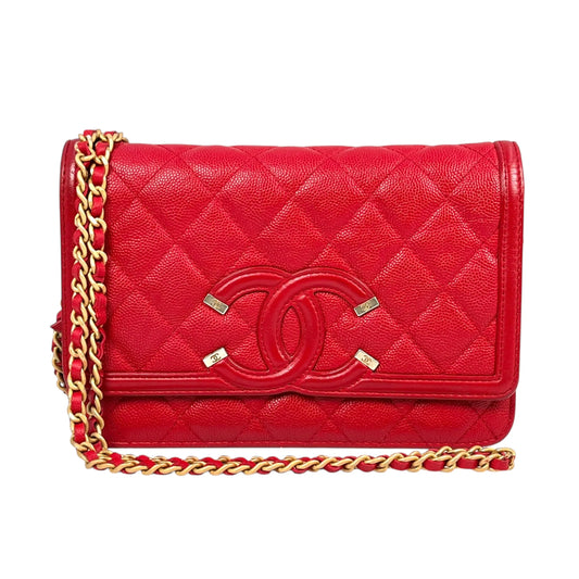 CHANEL CC Filigree Caviar Leather Chain Wallet - Red 