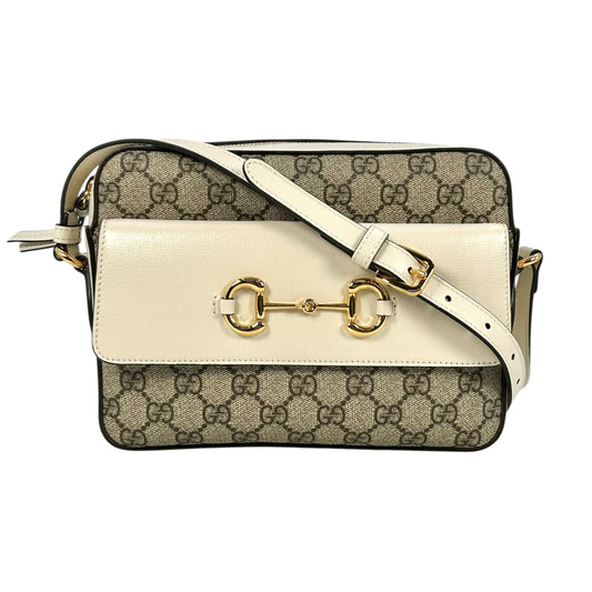 GUCCI Horsebit GG Supreme Canvas Shoulder Bag - Brown and White 