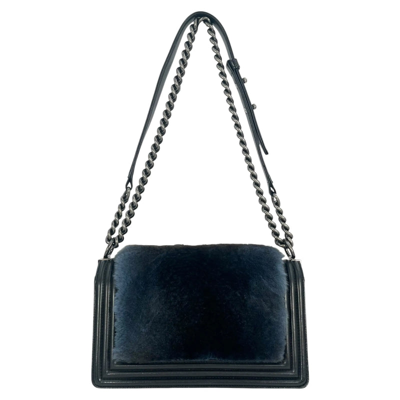 CHANEL Boy Chanel Fur Chain Shoulder Bag - Black