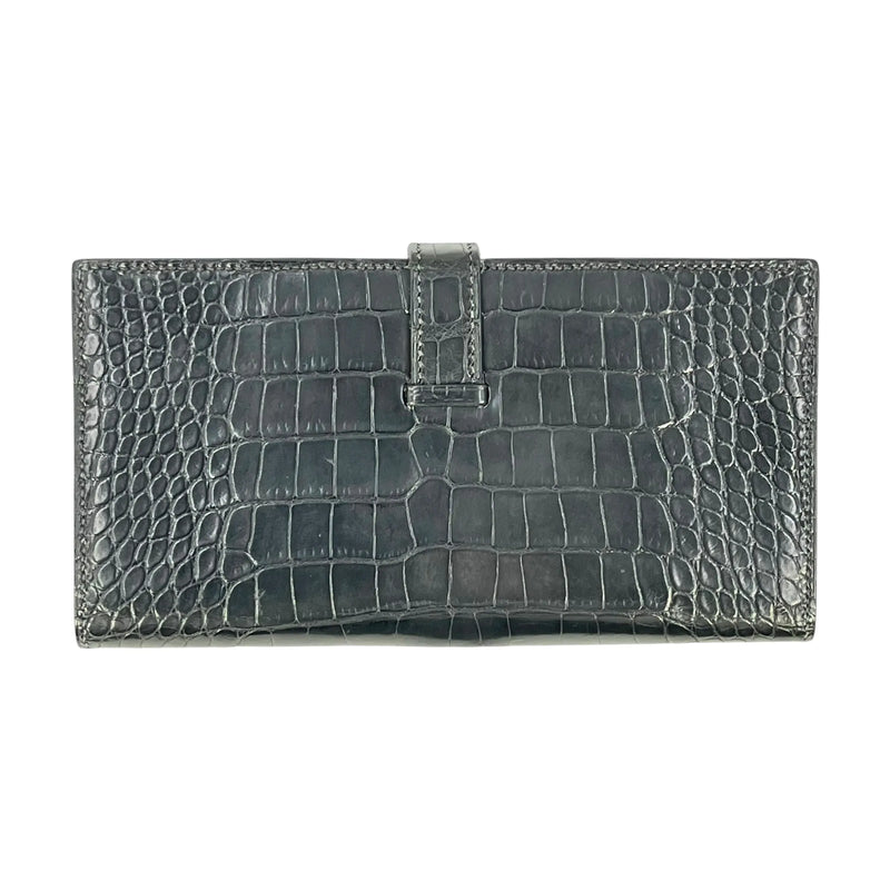 HERMES Bearn Soufflet Alligator Long Wallet - Black with J Stamp (2006) 