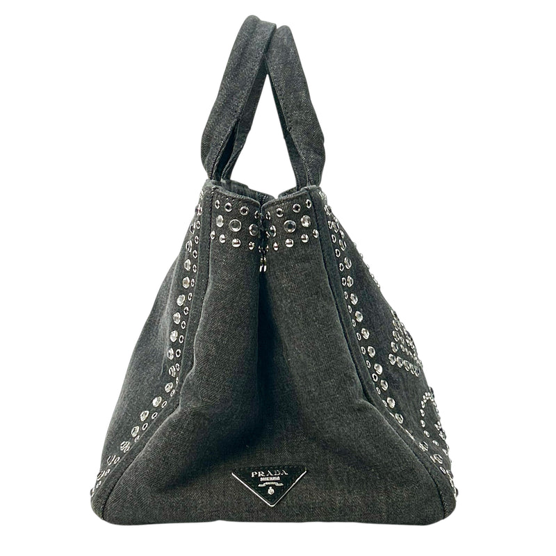 PRADA Canapa Rhinestone Hand Bag - Charcoal Gray