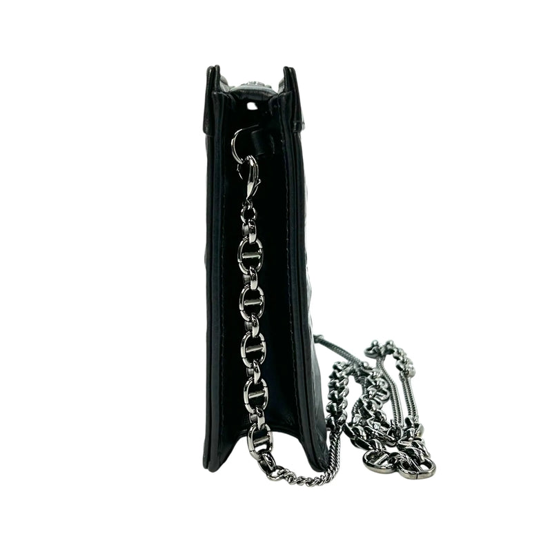 Dior Caro Diamond Calfskin Zipped Pouch With Chain Wallet Shoulder Bag - Black