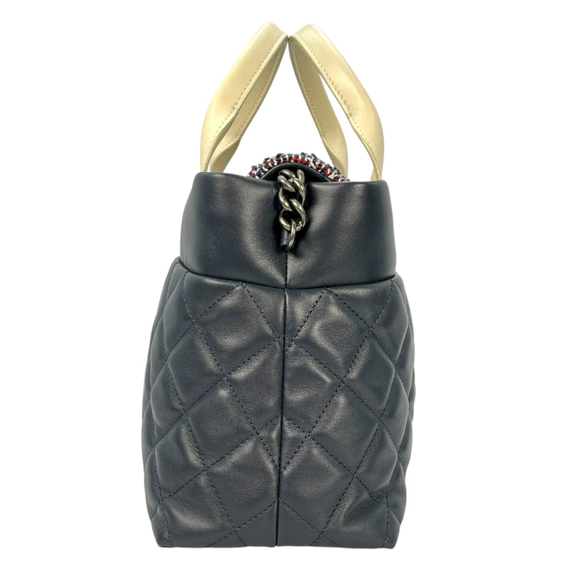 CHANEL Matelasse Tweed and Quilted Aged Calfskin Medium Hand Bag Chain Shoulder Bag - Navy