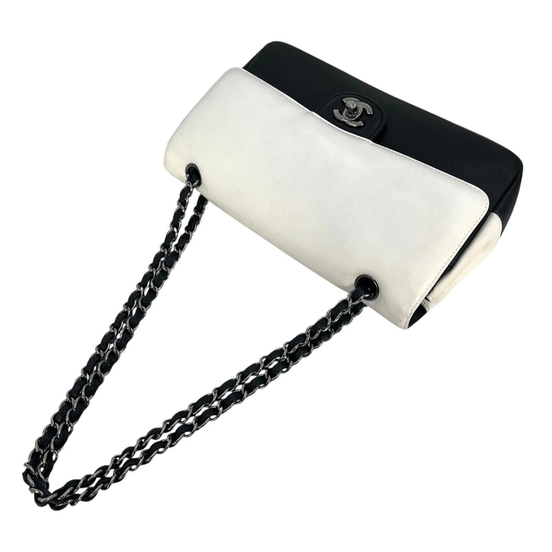 CHANEL Double Flap Bag Calf Chain Shoulder Bag - Black / White
