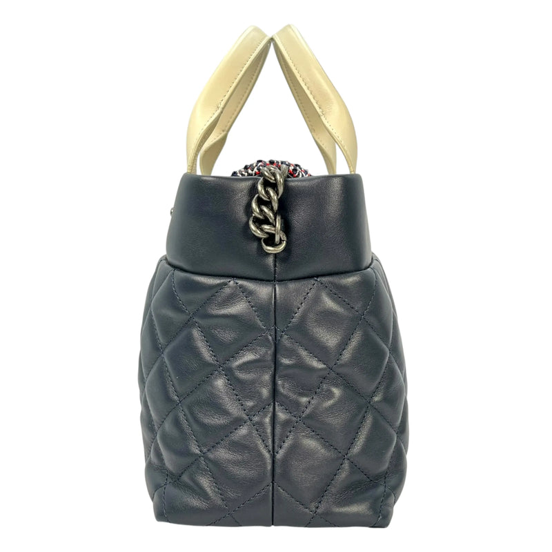 CHANEL Matelasse Tweed and Quilted Aged Calfskin Medium Hand Bag Chain Shoulder Bag - Navy