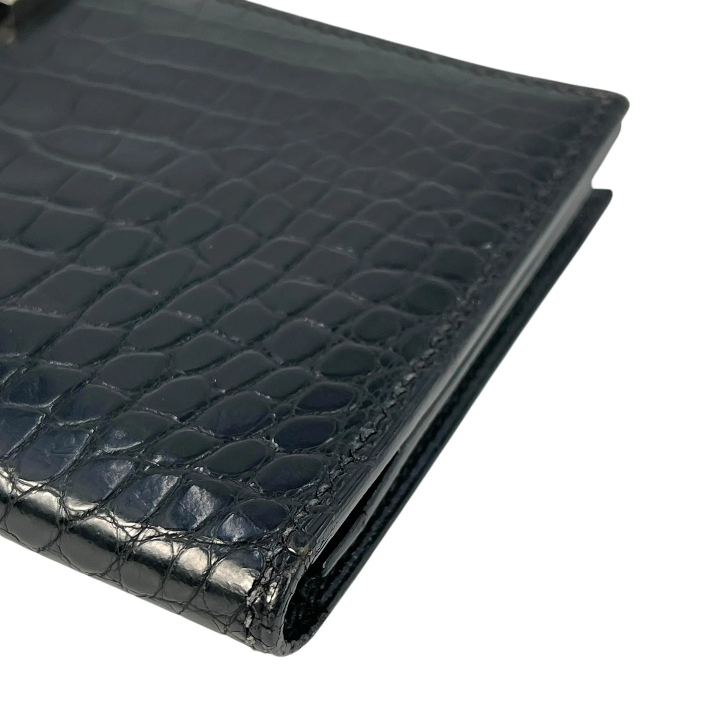 HERMES Bearn Soufflet Alligator Long Wallet - Black with J Stamp (2006) 