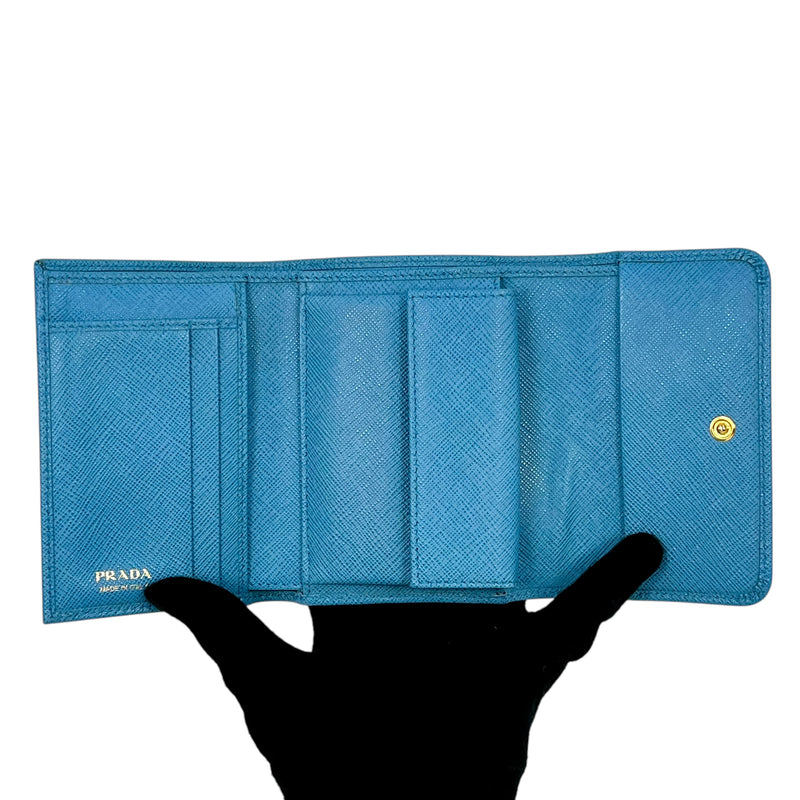 PRADA Saffiano Ribbon Tri-Fold Compact Wallet - Blue