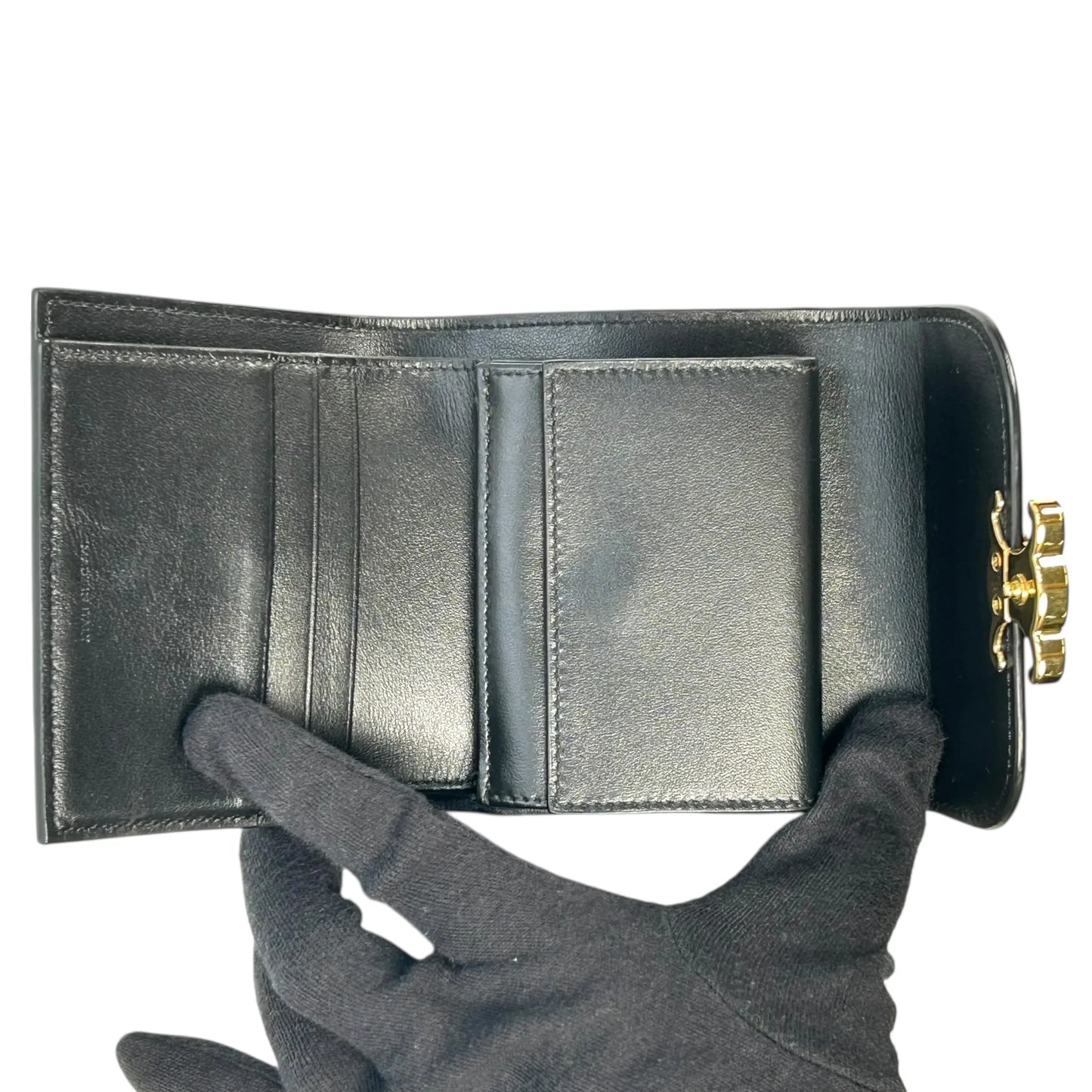 CELINE Triomphe Calfskin Compact Wallet - Black 